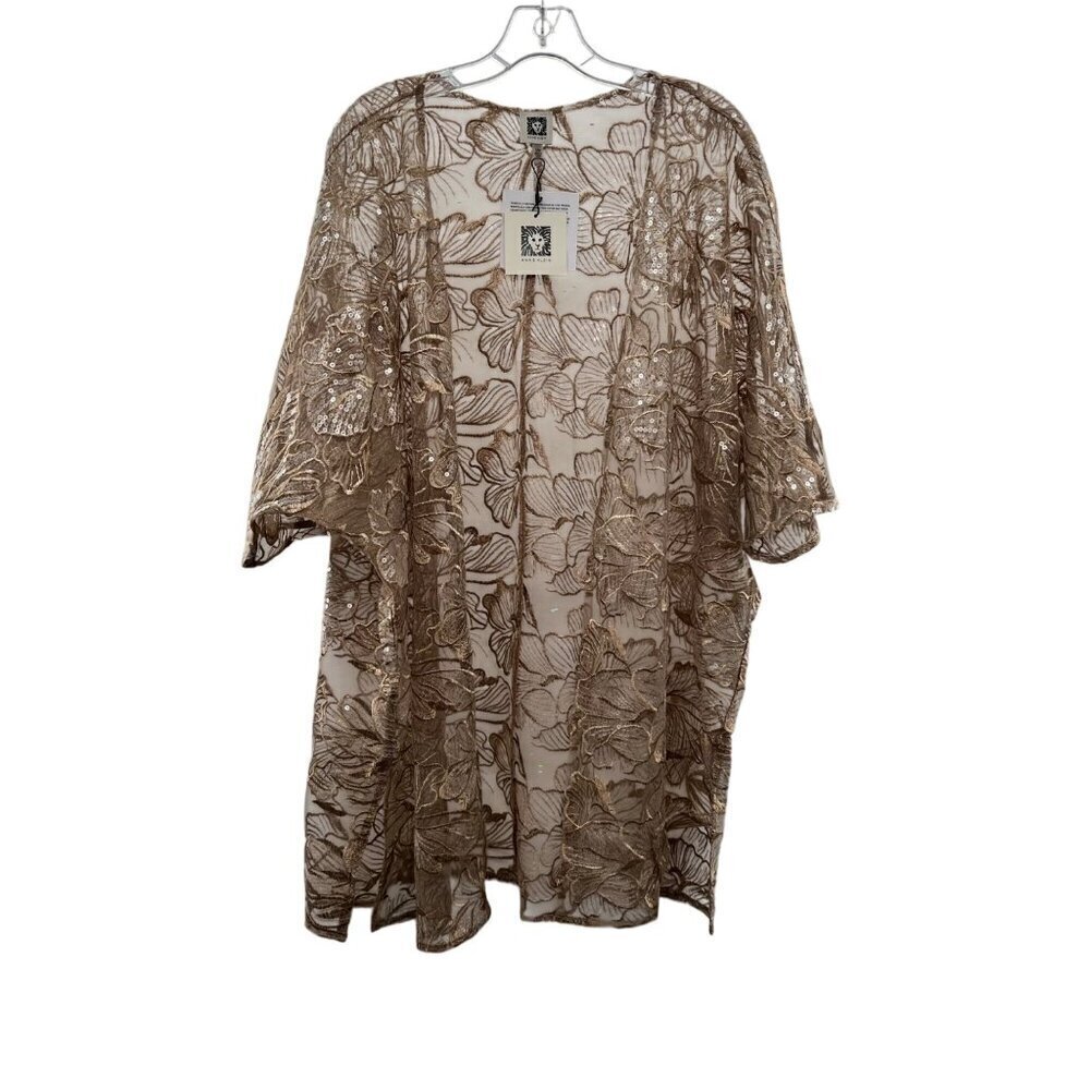 Anne Klein Women's Sheer Floral Sequined Open Front Top Latte Size S/M New